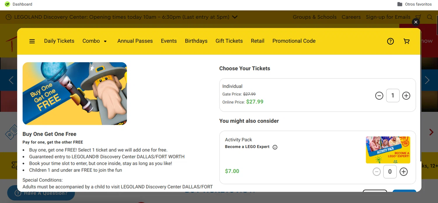 LEGOLAND Discovery Centre Dallas promo code screenshot showing code 169916 applied at LEGOLAND Discovery Centre Dallas checkout page. Uploaded by SimplyCodes community member Speedy on Jun 16, 2025