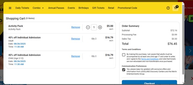Legoland Discovery Centers checkout page showing Legoland Discovery Centers promo code box | Screenshot taken by SimplyCodes community member on Aug 26, 2025