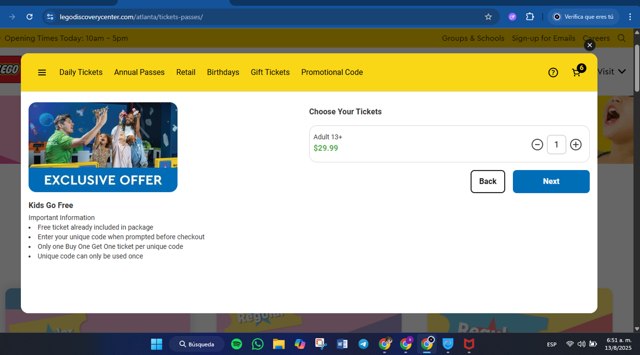 Legoland Discovery Centers checkout page showing Legoland Discovery Centers promo code box | Screenshot taken by SimplyCodes community member on Aug 13, 2025