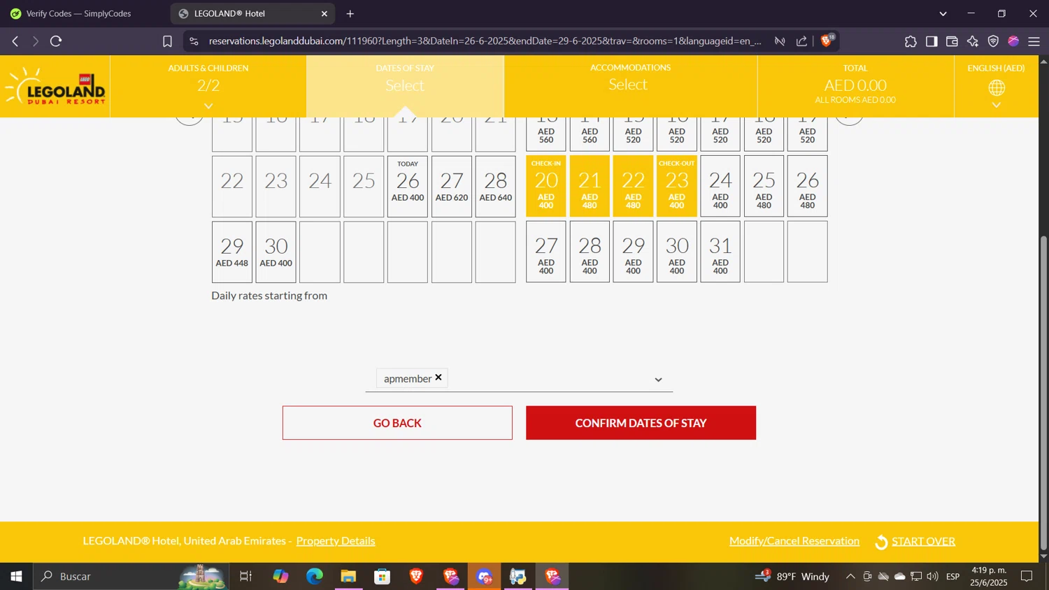 LEGOLAND Florida checkout page showing LEGOLAND Florida promo code box | Screenshot taken by SimplyCodes community member on Jun 25, 2025