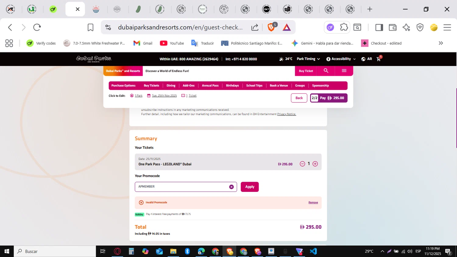 LEGOLAND Florida promo code screenshot showing code APMEMBER applied at LEGOLAND Florida checkout page. Uploaded by SimplyCodes community member conorgrey on Nov 13, 2025