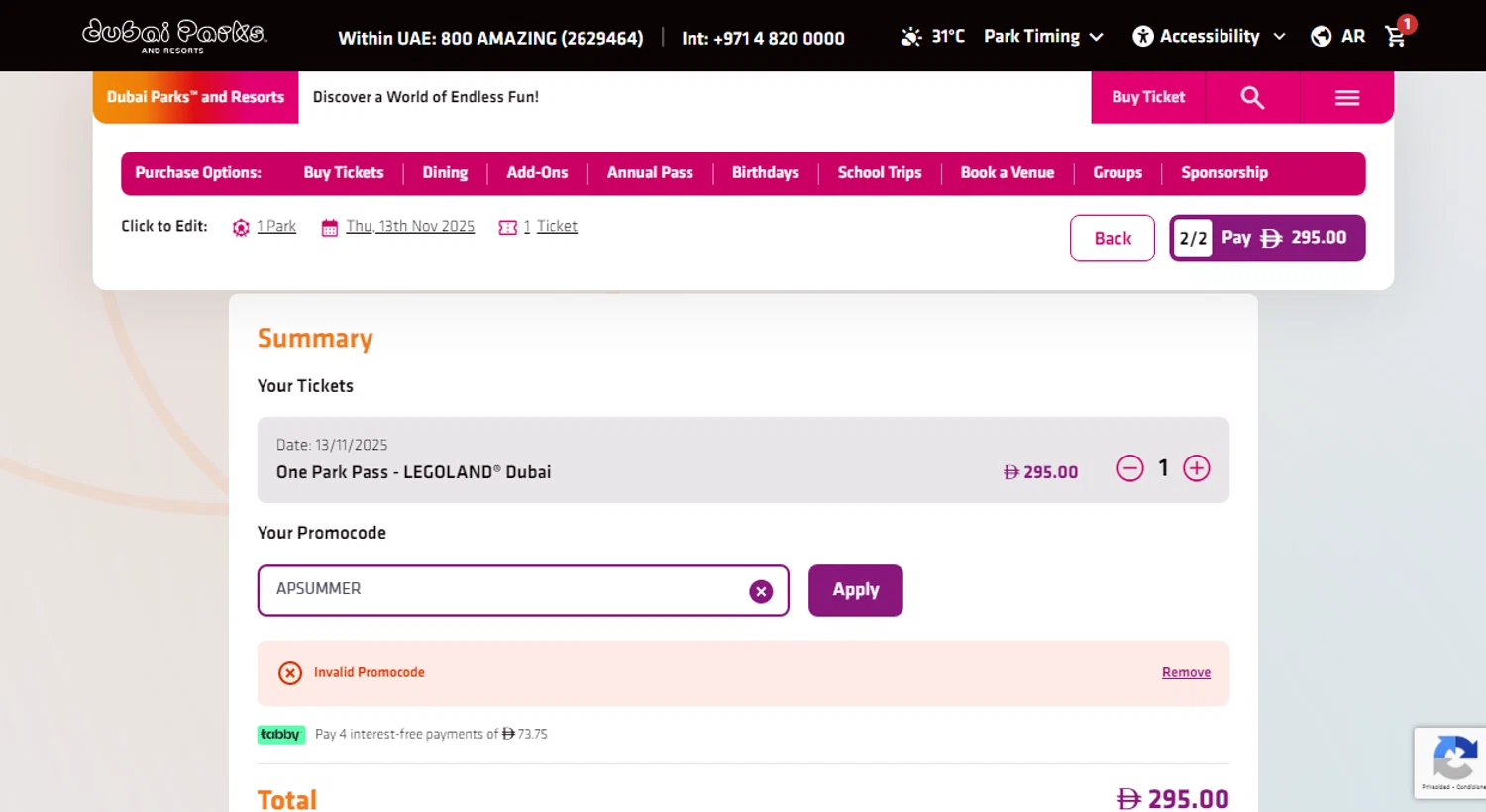 LEGOLAND Florida promo code screenshot showing code APSUMMER applied at LEGOLAND Florida checkout page. Uploaded by SimplyCodes community member CleverAdmiral7613 on Nov 12, 2025