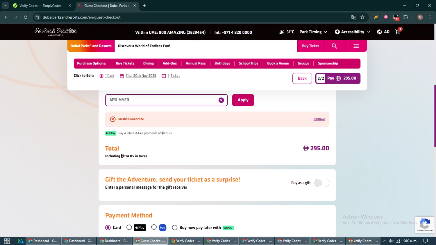 LEGOLAND Florida promo code screenshot showing code APSUMMER applied at LEGOLAND Florida checkout page. Uploaded by SimplyCodes community member DiscountTitan4635 on Nov 12, 2025
