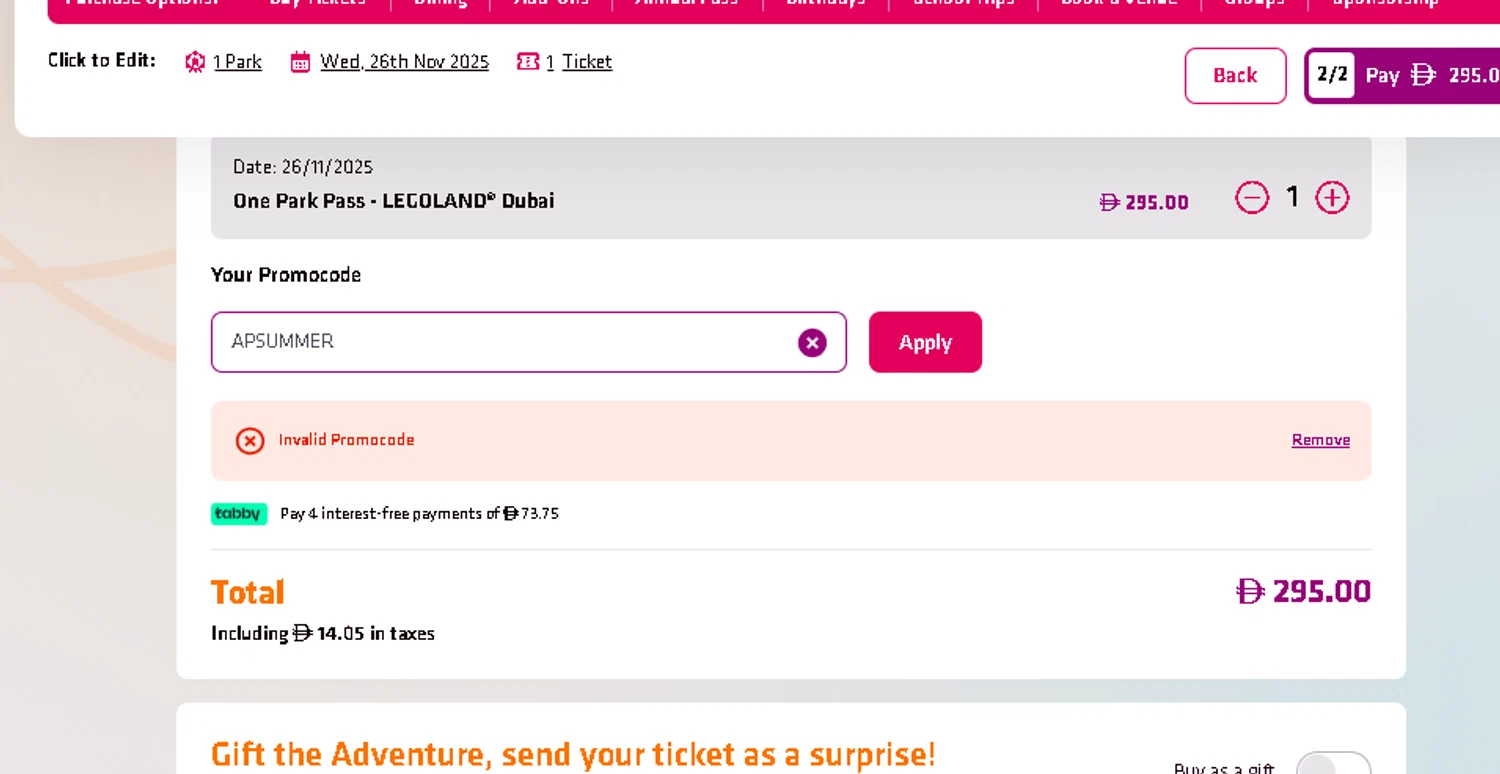 LEGOLAND Florida promo code screenshot showing code APSUMMER applied at LEGOLAND Florida checkout page. Uploaded by SimplyCodes community member SILVERLUGIA on Nov 12, 2025