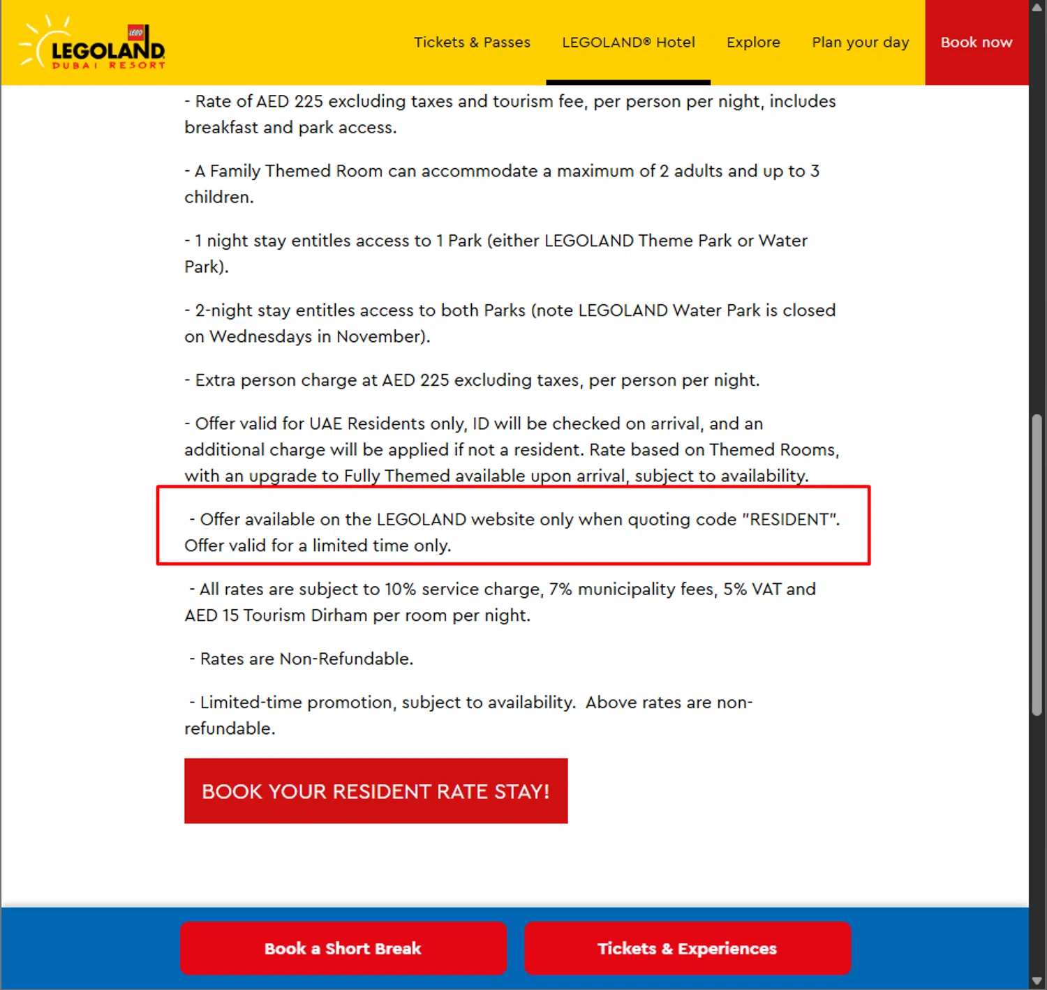 LEGOLAND Florida promo code screenshot showing code RESIDENT applied at LEGOLAND Florida checkout page. Uploaded by SimplyCodes community member PillarsofCreation on Dec 9, 2025