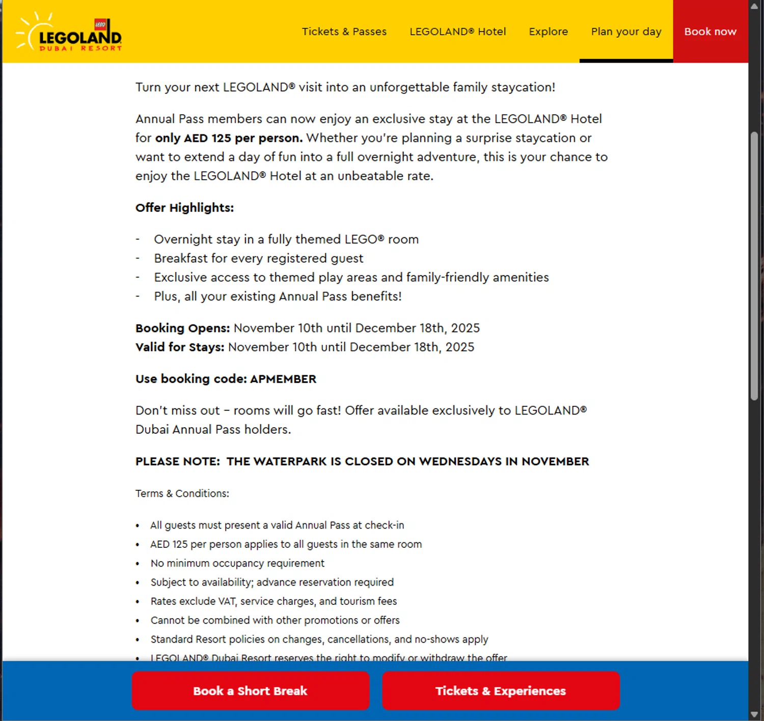 LEGOLAND Florida promo code screenshot showing code APMEMBER applied at LEGOLAND Florida checkout page. Uploaded by SimplyCodes community member PillarsofCreation on Nov 12, 2025