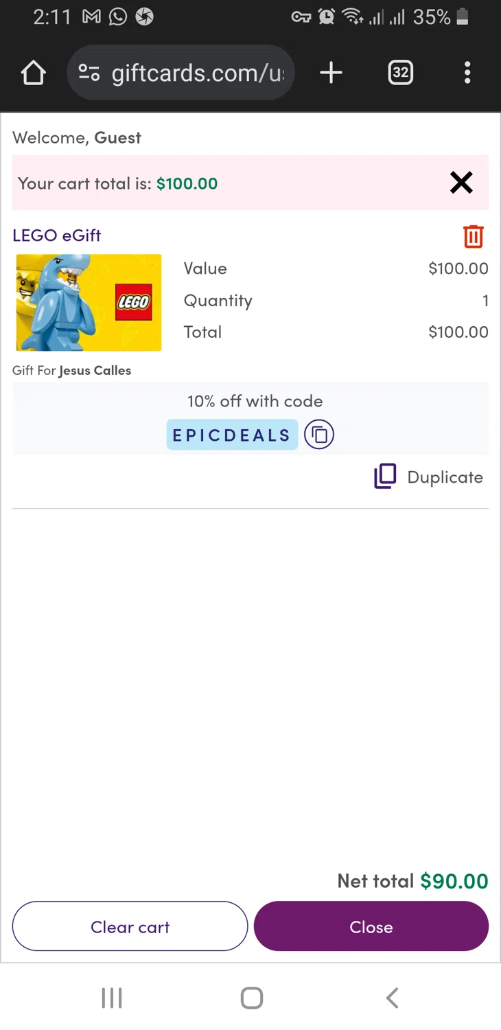 LEGOLAND New York promo code screenshot showing code EPICDEALS applied at LEGOLAND New York checkout page. Uploaded by SimplyCodes community member GloriousFinder136 on Nov 28, 2024