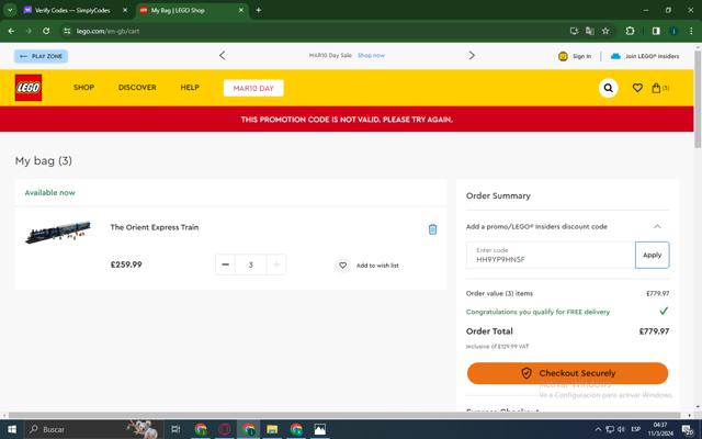 LEGO Shop US checkout page showing LEGO Shop US promo code box | Screenshot taken by SimplyCodes community member on Mar 11, 2024