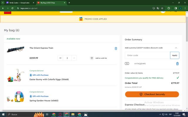 LEGO Shop US checkout page showing LEGO Shop US promo code box | Screenshot taken by SimplyCodes community member on Mar 12, 2024