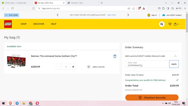 LEGO Shop US checkout page showing LEGO Shop US promo code box | Screenshot taken by SimplyCodes community member on Jun 5, 2024