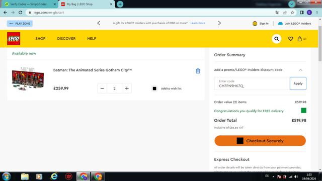 LEGO Shop US checkout page showing LEGO Shop US promo code box | Screenshot taken by SimplyCodes community member on Apr 19, 2024