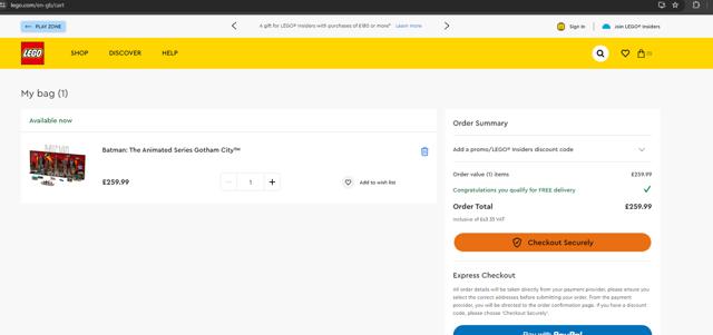 LEGO Shop US checkout page showing LEGO Shop US promo code box | Screenshot taken by SimplyCodes community member on Apr 22, 2024