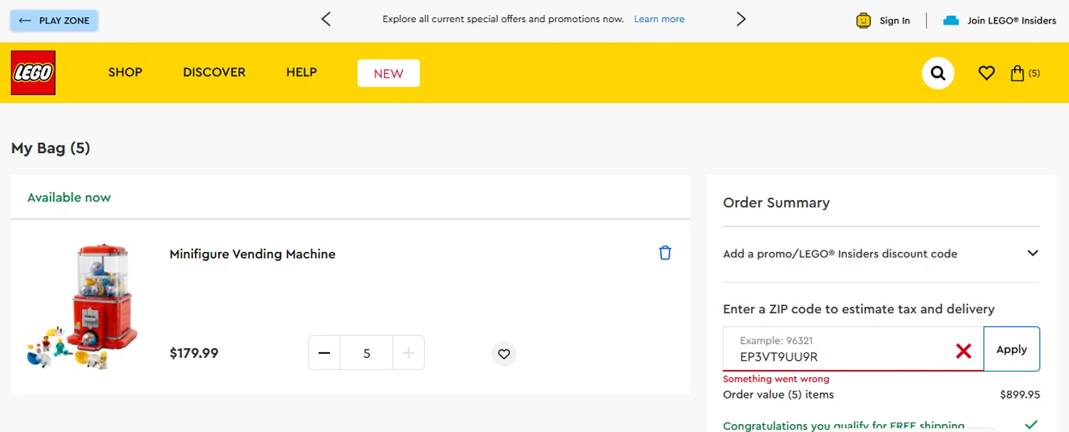 Verification screenshot for Free Gift Storewide (minimum Order $200) at LEGO Shop US — 12mo ago