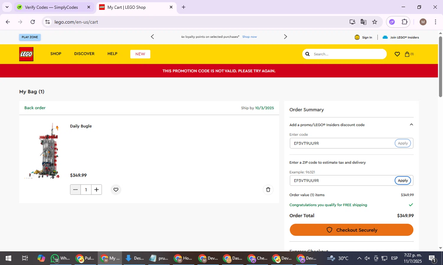 Verification screenshot for Free Gift Storewide (minimum Order $200) at LEGO Shop US — 11mo ago