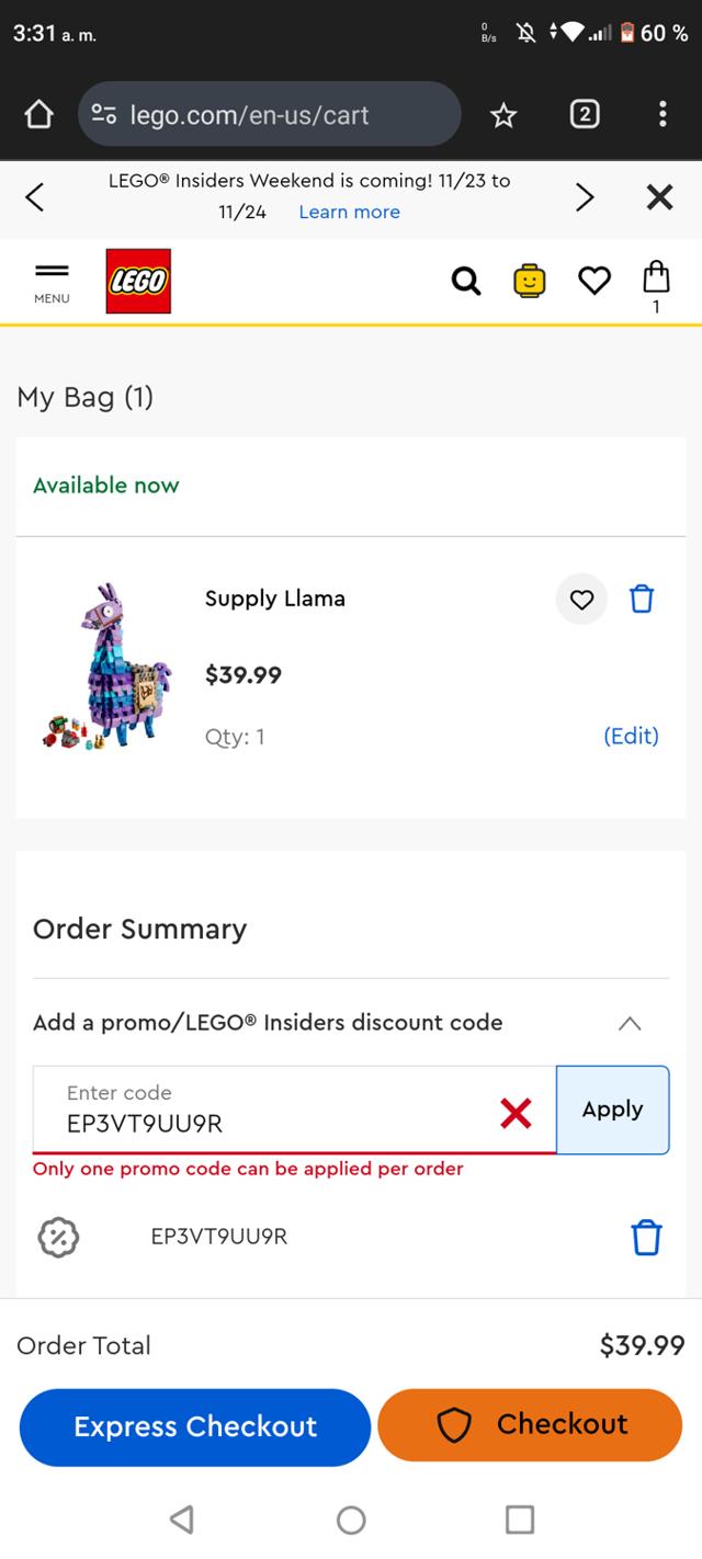 LEGO Shop US checkout page showing LEGO Shop US promo code box | Screenshot taken by SimplyCodes community member on Nov 21, 2024