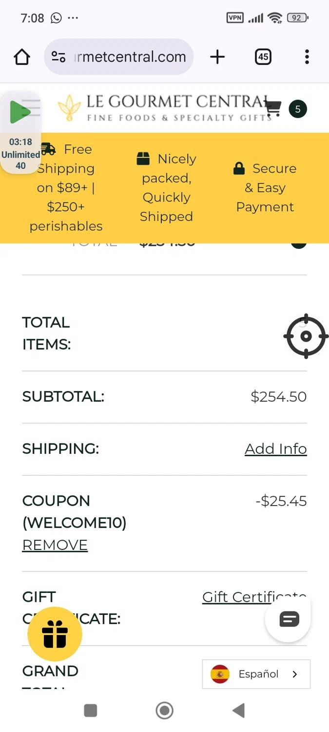 Le Gourmet Central coupon code screenshot showing code WELCOME10 applied at Le Gourmet Central checkout page. Uploaded by SimplyCodes community member VictoriousPilot5369 on Jan 13, 2025