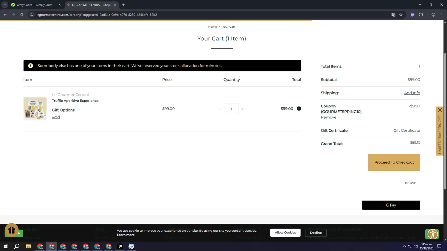Le Gourmet Central coupon code screenshot showing code GOURMETSPRING10 applied at Le Gourmet Central checkout page. Uploaded by SimplyCodes community member ooooooooooooooooooo on Oct 15, 2025