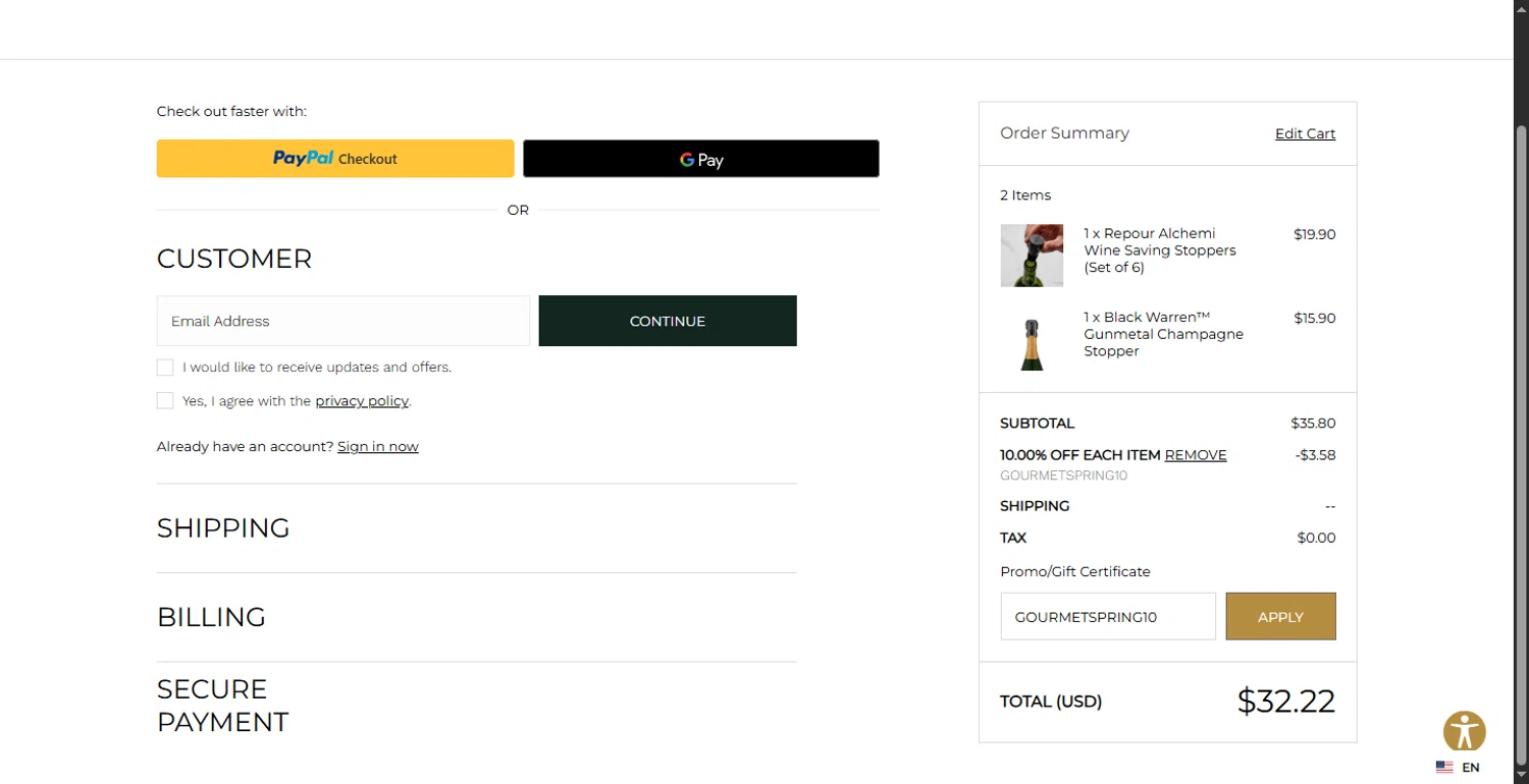 Le Gourmet Central coupon code screenshot showing code GOURMETSPRING10 applied at Le Gourmet Central checkout page. Uploaded by SimplyCodes community member BonusFox1297 on May 30, 2025
