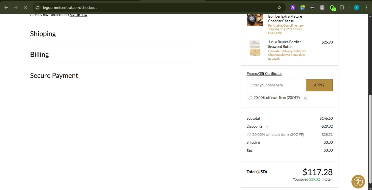 Le Gourmet Central coupon code screenshot showing code 20OFF applied at Le Gourmet Central checkout page. Uploaded by SimplyCodes community member PrincessCoupon on Jan 7, 2026