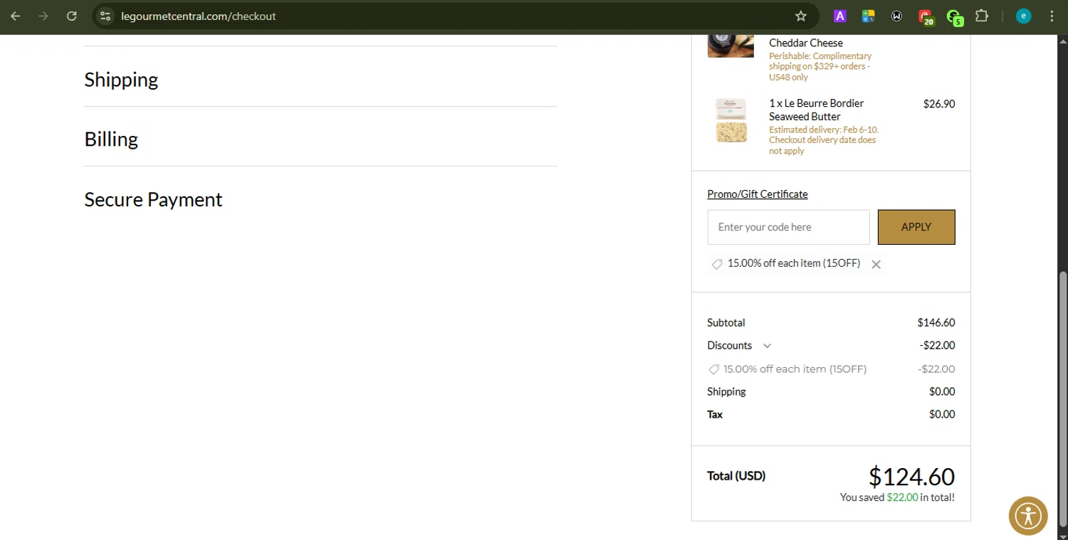 Le Gourmet Central coupon code screenshot showing code 15OFF applied at Le Gourmet Central checkout page. Uploaded by SimplyCodes community member PrincessCoupon on Jan 6, 2026