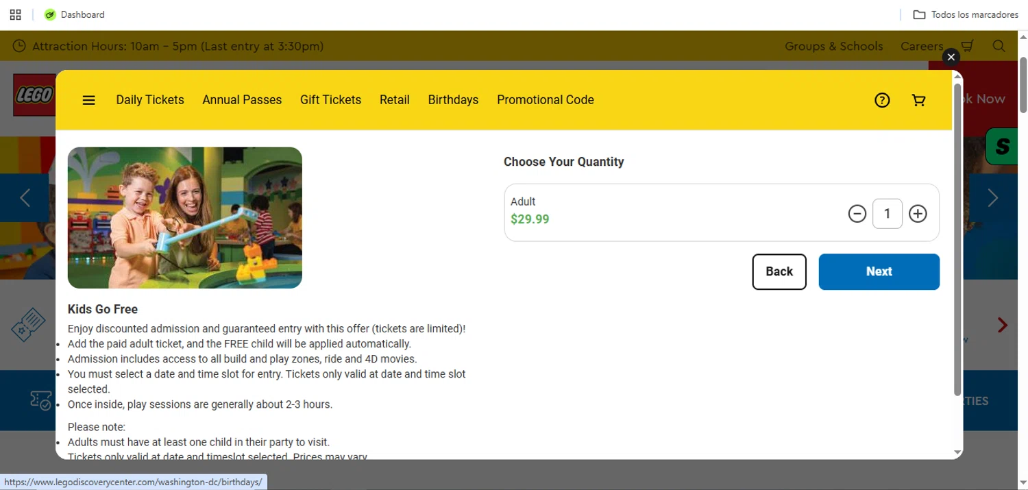 LEGO Discovery Center - Washington DC promo code screenshot showing code 259900 applied at LEGO Discovery Center - Washington DC checkout page. Uploaded by SimplyCodes community member Speedy on May 29, 2026