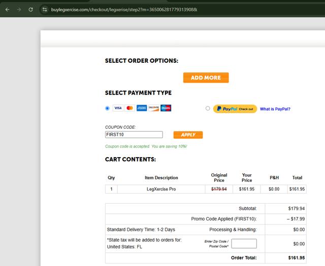 LegXercise checkout page showing LegXercise coupon code box | Screenshot taken by SimplyCodes community member on Jun 14, 2025