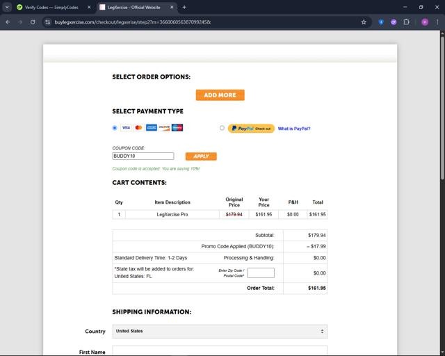 LegXercise checkout page showing LegXercise coupon code box | Screenshot taken by SimplyCodes community member on Jun 21, 2025