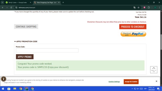 Lehman's checkout page showing Lehman's promo code box | Screenshot taken by SimplyCodes community member on Aug 29, 2025