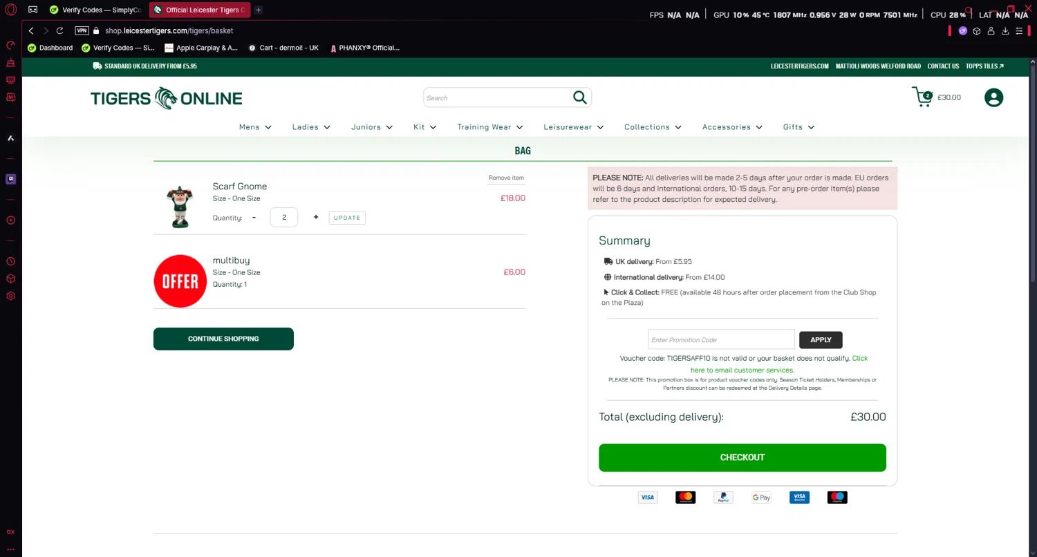Leicester Tigers checkout page showing Leicester Tigers promo code box | Screenshot taken by SimplyCodes community member on Apr 20, 2025