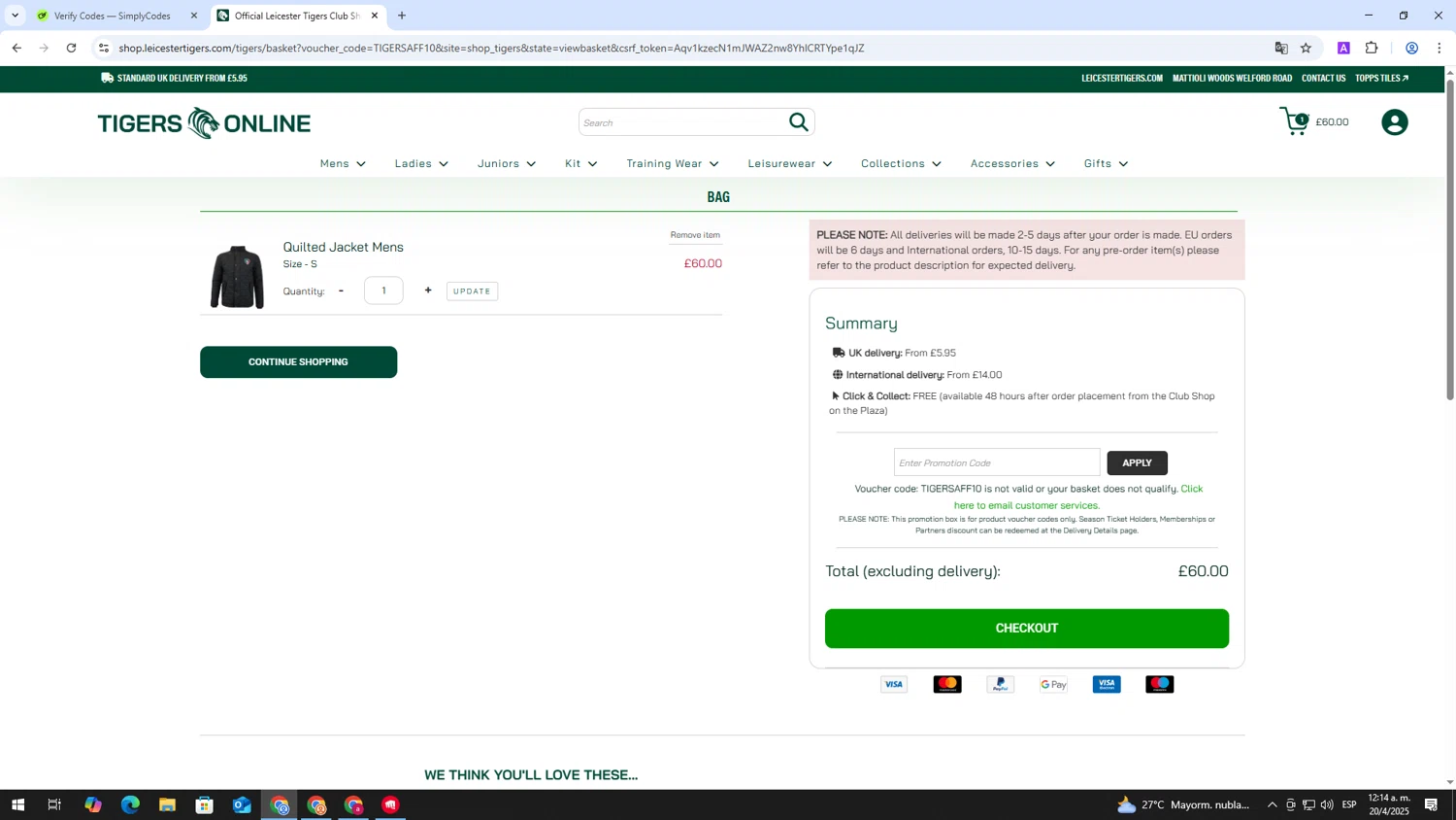 Leicester Tigers promo code screenshot showing code TIGERSAFF10 applied at Leicester Tigers checkout page. Uploaded by SimplyCodes community member ShieldAdmiral2781 on Apr 20, 2025