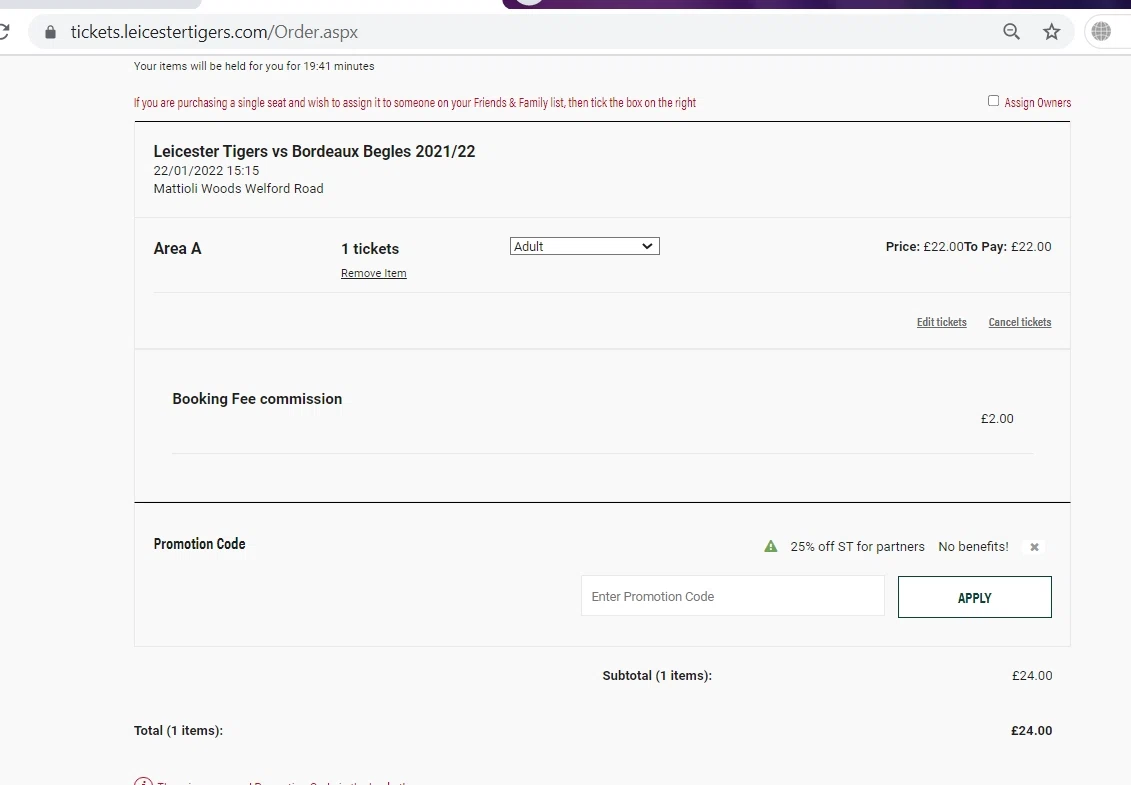 Leicester Tigers checkout page showing Leicester Tigers promo code box | Screenshot taken by SimplyCodes community member on Jan 11, 2022
