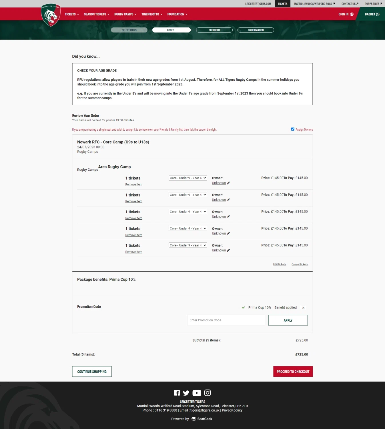 Leicester Tigers checkout page showing Leicester Tigers promo code box | Screenshot taken by SimplyCodes community member on Jun 20, 2023