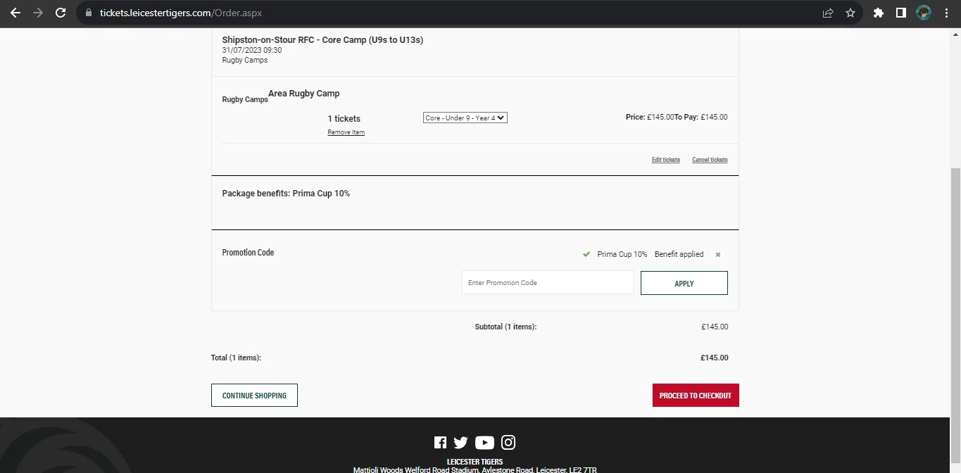 Leicester Tigers checkout page showing Leicester Tigers promo code box | Screenshot taken by SimplyCodes community member on Jul 28, 2023
