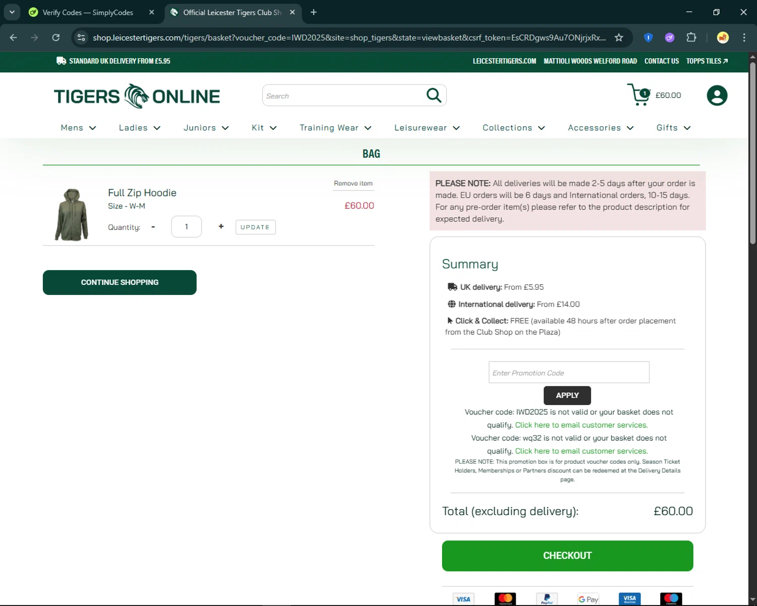 Leicester Tigers promo code screenshot showing code IWD2025 applied at Leicester Tigers checkout page. Uploaded by SimplyCodes community member SmartFinder4193 on May 5, 2025