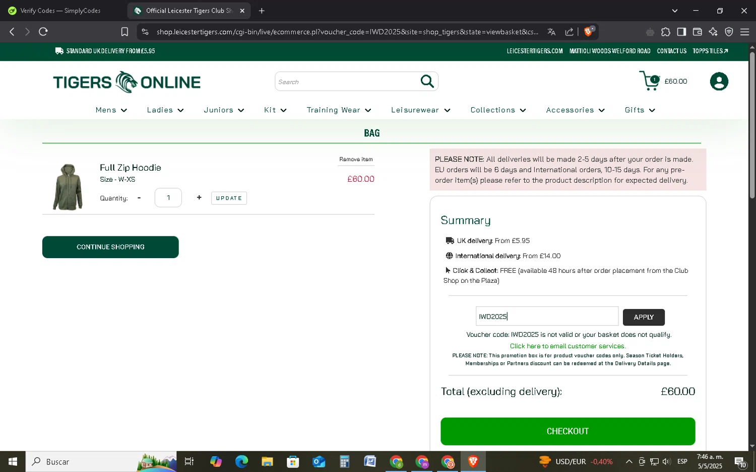 Leicester Tigers promo code screenshot showing code IWD2025 applied at Leicester Tigers checkout page. Uploaded by SimplyCodes community member FrugalMonarch7277 on May 5, 2025