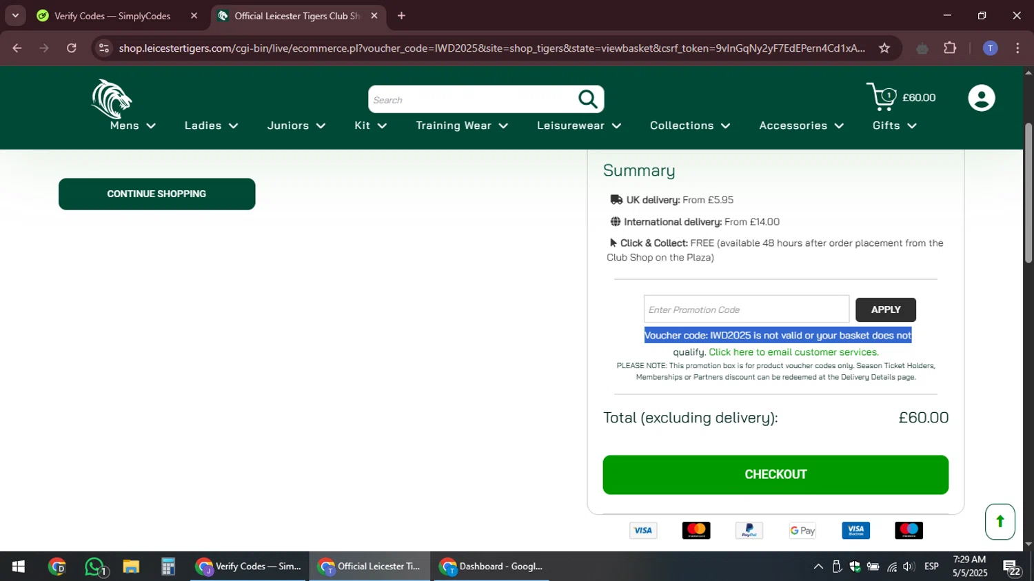 Leicester Tigers promo code screenshot showing code IWD2025 applied at Leicester Tigers checkout page. Uploaded by SimplyCodes community member snidertom8 on May 5, 2025