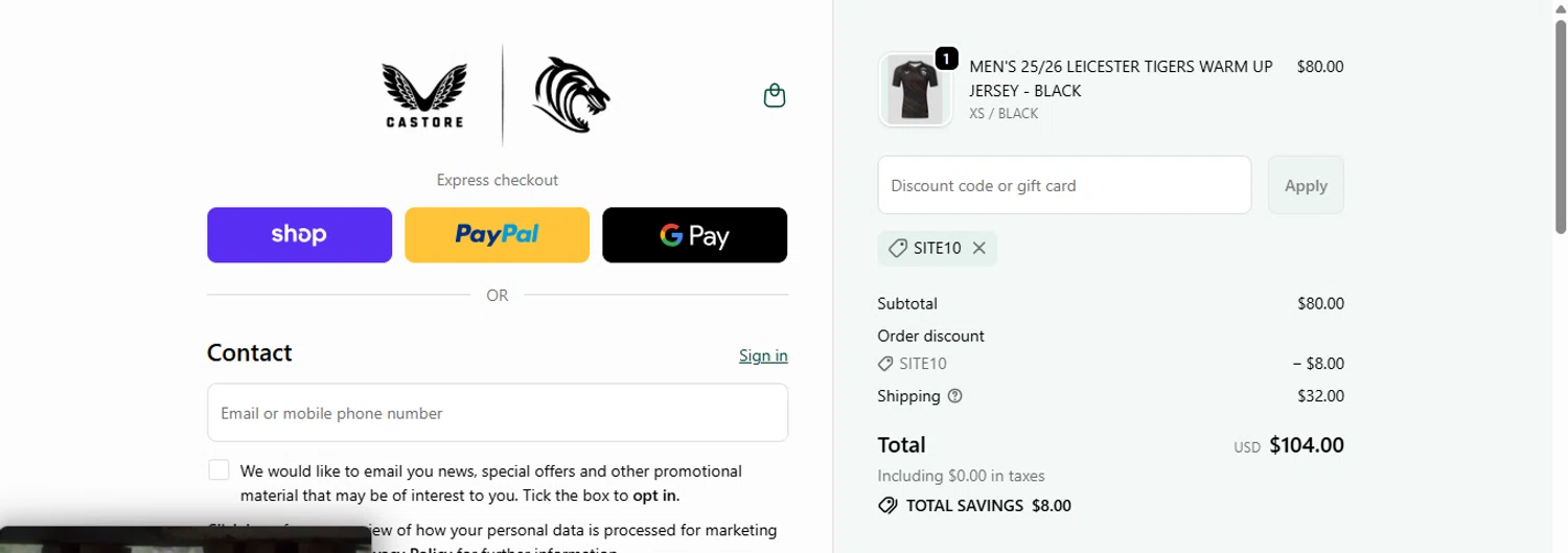 Leicester Tigers promo code screenshot showing code SITE10 applied at Leicester Tigers checkout page. Uploaded by SimplyCodes community member anosesmith on Nov 28, 2025