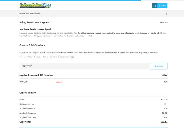 Leisure Lakes Bikes checkout page showing Leisure Lakes Bikes discount code box | Screenshot taken by SimplyCodes community member on Mar 11, 2025
