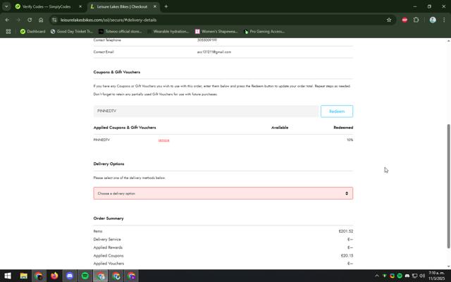Leisure Lakes Bikes checkout page showing Leisure Lakes Bikes discount code box | Screenshot taken by SimplyCodes community member on Mar 11, 2025