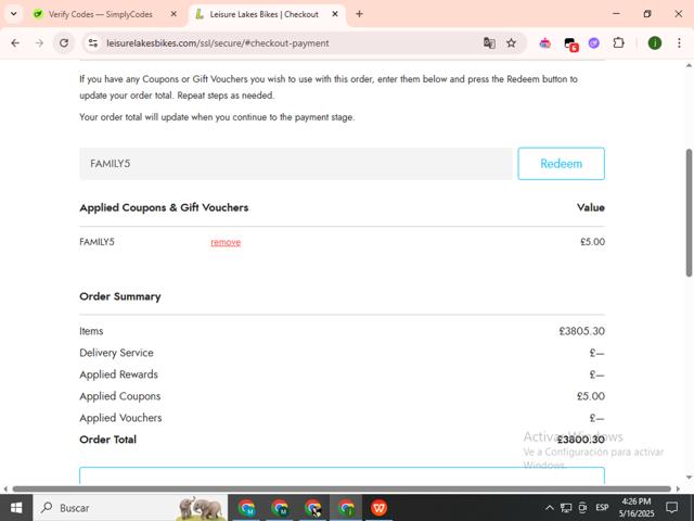 Leisure Lakes Bikes checkout page showing Leisure Lakes Bikes discount code box | Screenshot taken by SimplyCodes community member on May 16, 2025