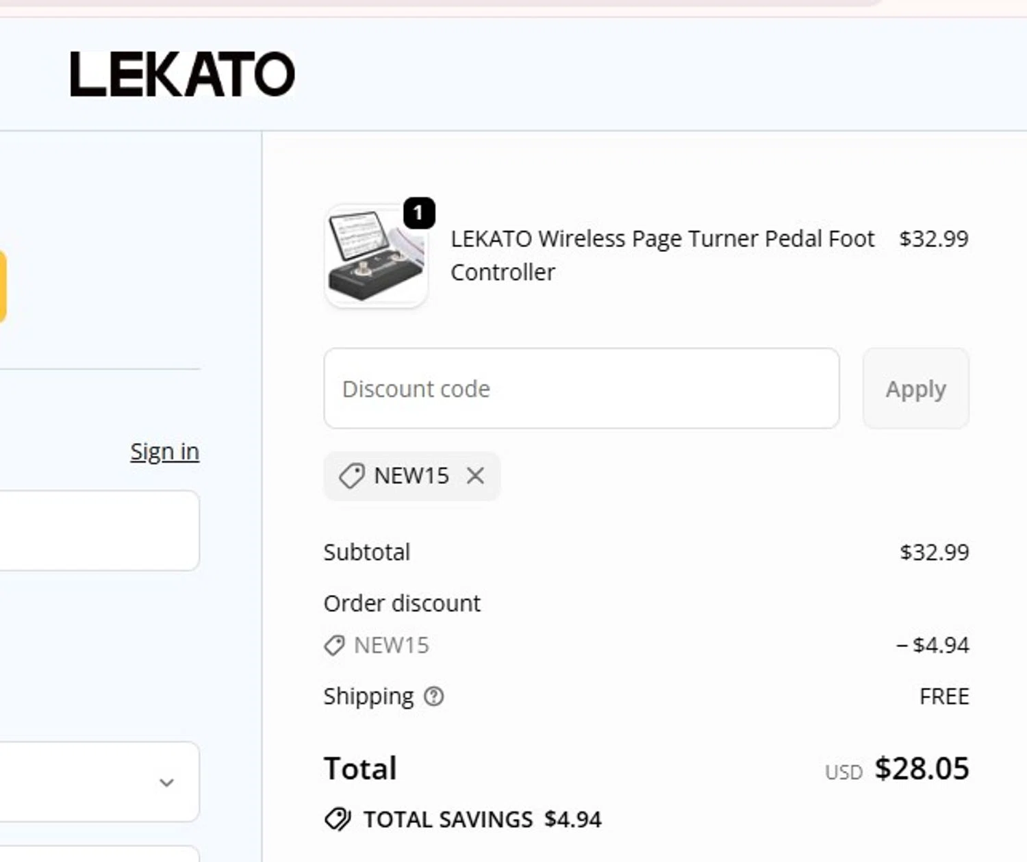 Lekato promo code screenshot showing code NEW15 applied at Lekato checkout page. Uploaded by SimplyCodes community member MoneyFalcon5538 on Sep 24, 2025