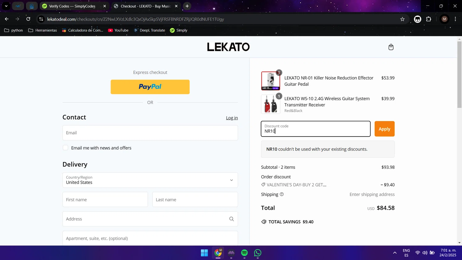 Lekato promo code screenshot showing code NR10 applied at Lekato checkout page. Uploaded by SimplyCodes community member Maocar on Feb 24, 2025