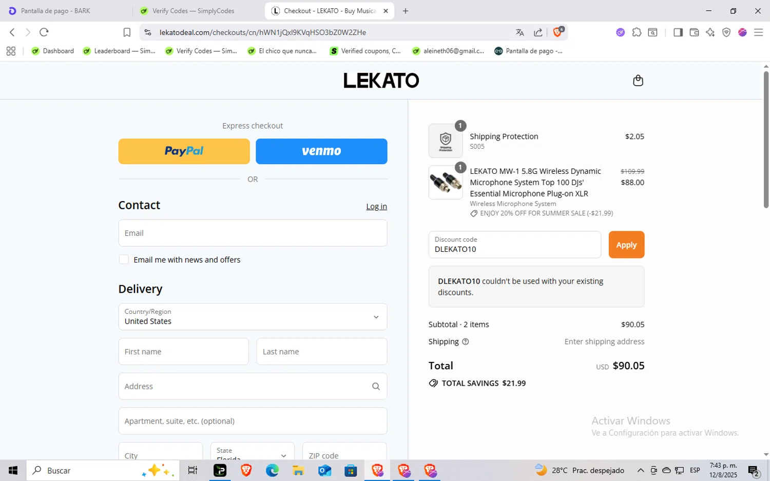 Lekato promo code screenshot showing code DLEKATO10 applied at Lekato checkout page. Uploaded by SimplyCodes community member Rayyyyyy on Aug 12, 2025