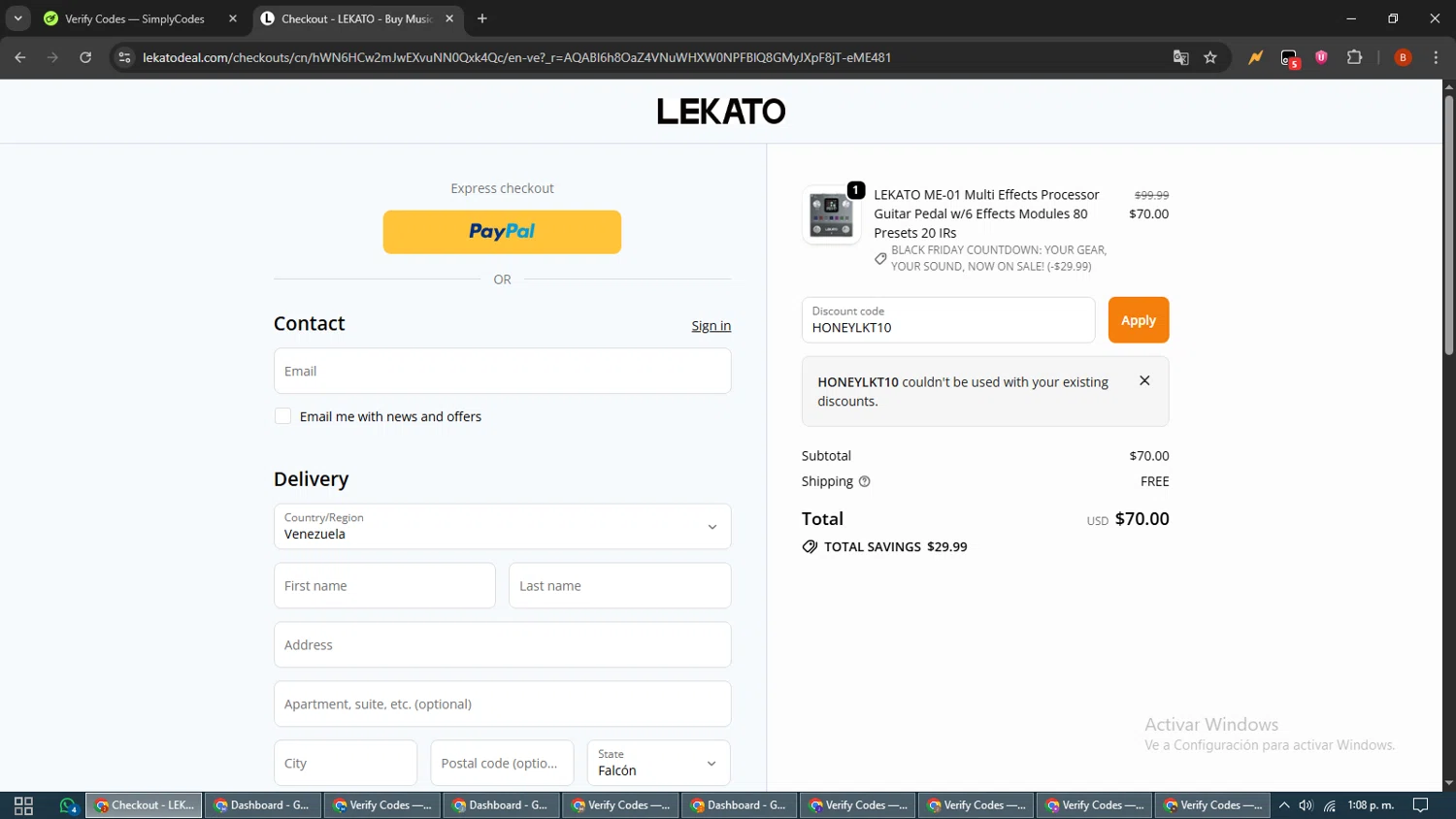 Lekato promo code screenshot showing code HONEYLKT10 applied at Lekato checkout page. Uploaded by SimplyCodes community member BrilliantLynx7174 on Dec 10, 2025