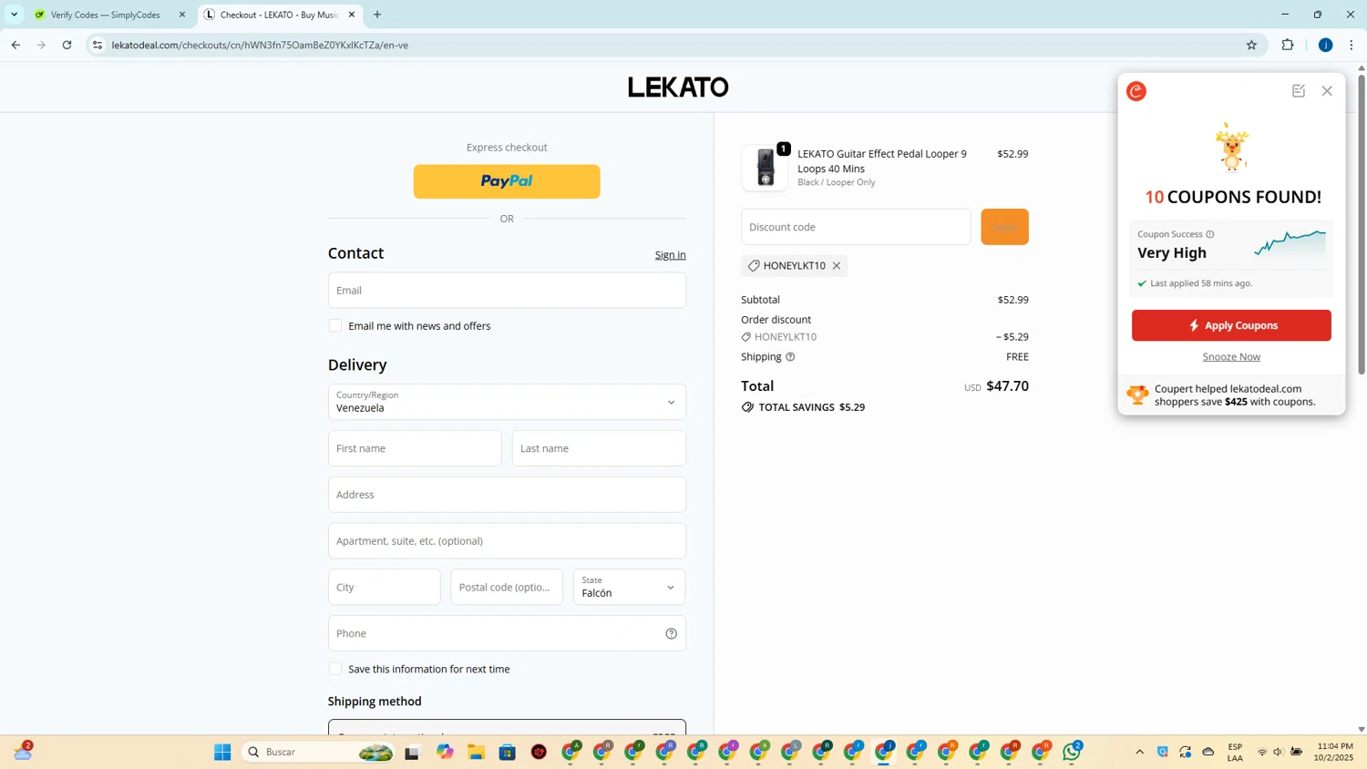 Lekato promo code screenshot showing code HONEYLKT10 applied at Lekato checkout page. Uploaded by SimplyCodes community member CrownElite7615 on Oct 3, 2025