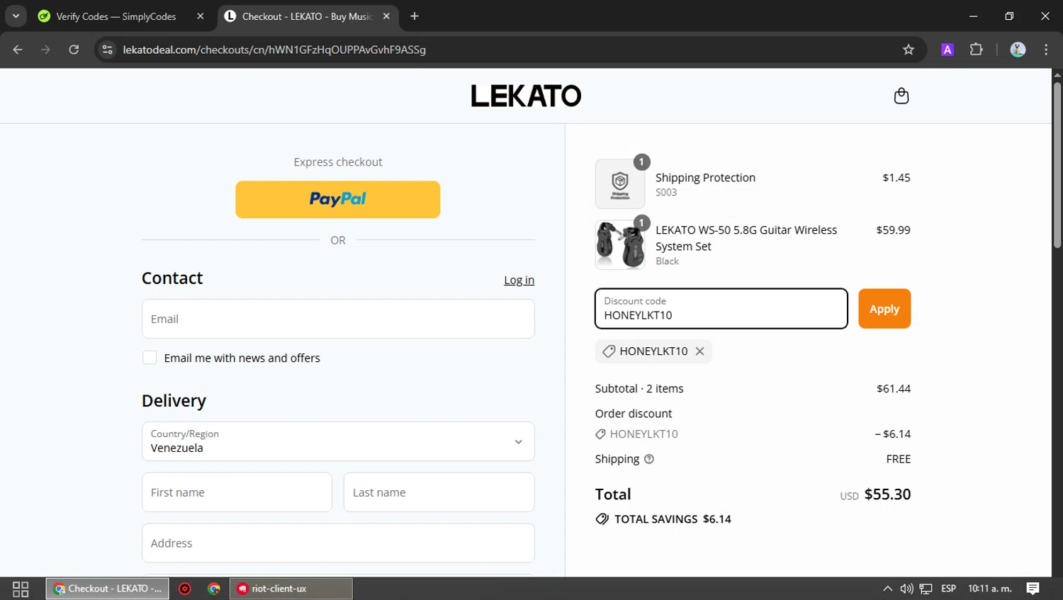Lekato promo code screenshot showing code HONEYLKT10 applied at Lekato checkout page. Uploaded by SimplyCodes community member SilverSeeker255 on Jul 31, 2025