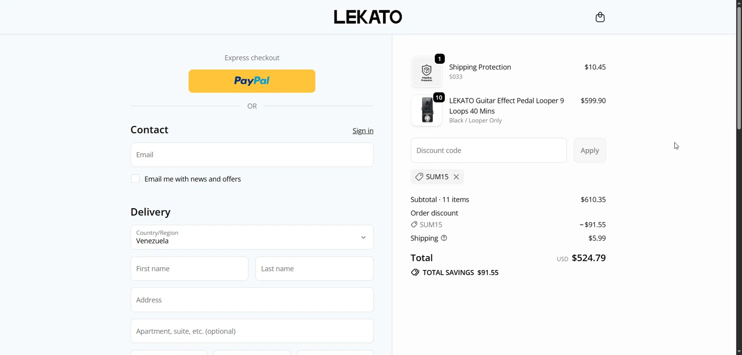 Lekato promo code screenshot showing code SUM15 applied at Lekato checkout page. Uploaded by SimplyCodes community member Enmanuel99 on Dec 16, 2025