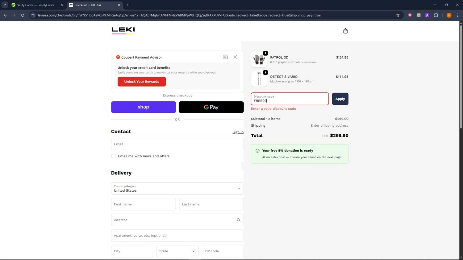 Leki discount code screenshot showing code FREE99 applied at Leki checkout page. Uploaded by SimplyCodes community member ShrewdCaptain9911 on Nov 7, 2025