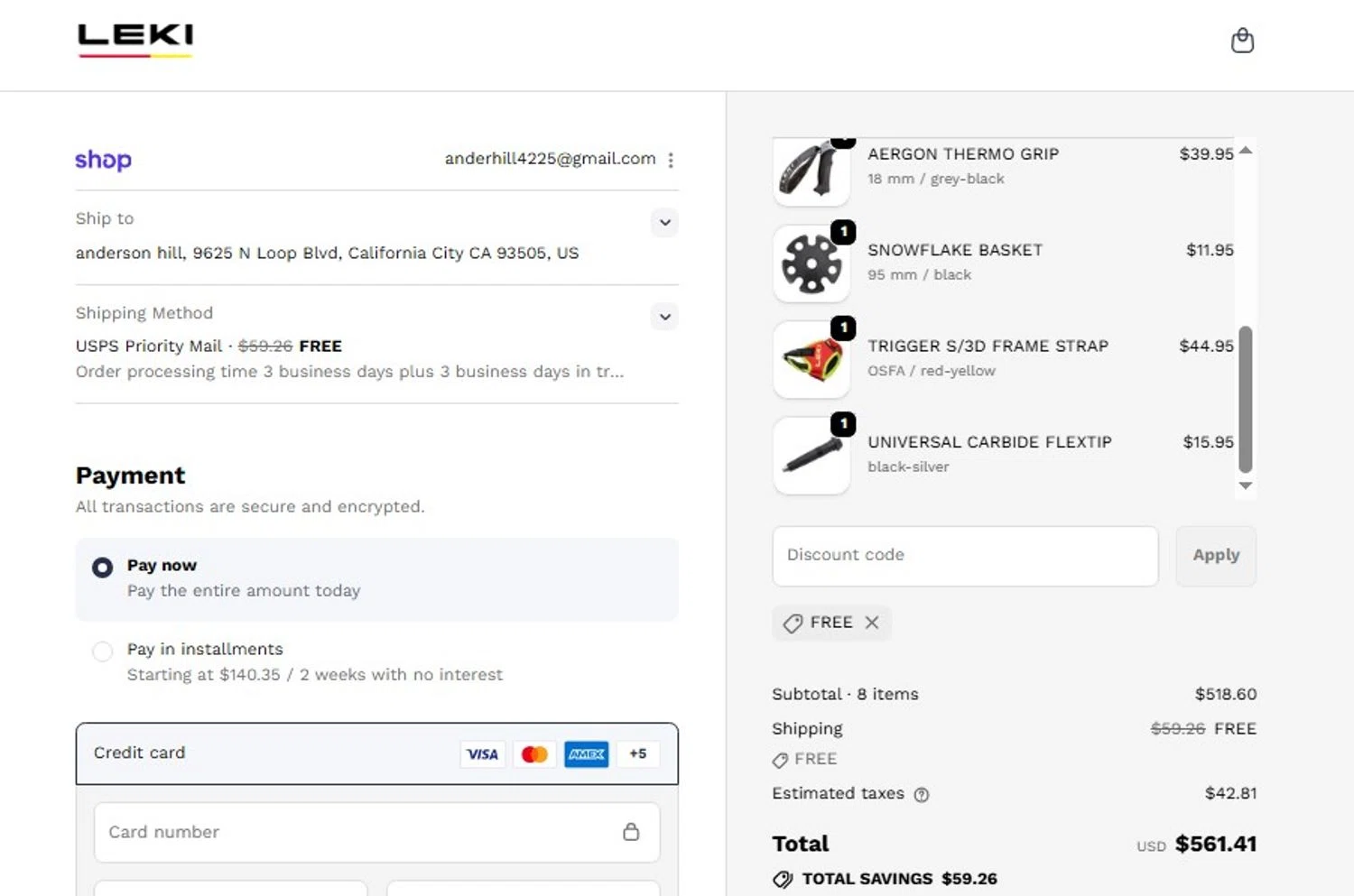 Leki discount code screenshot showing code FREE applied at Leki checkout page. Uploaded by SimplyCodes community member Elcompa on Nov 3, 2025
