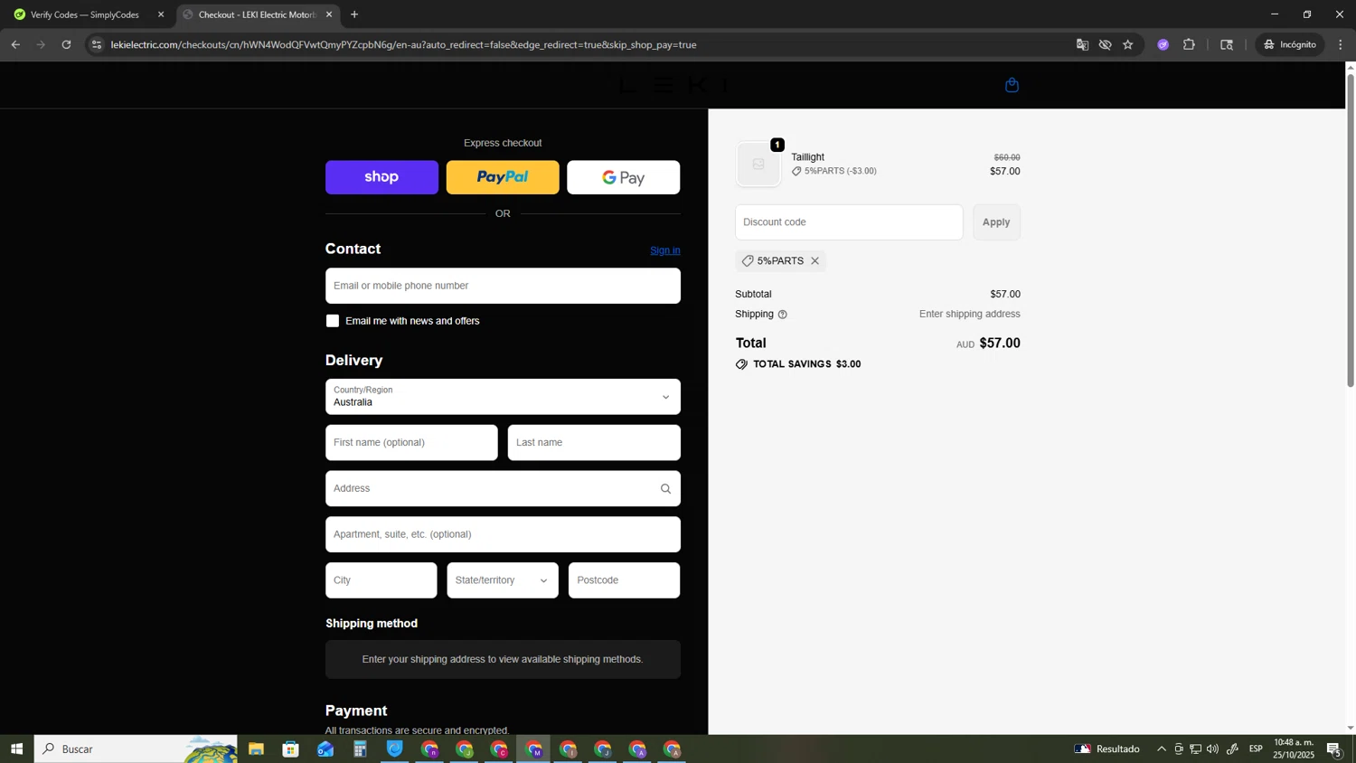 LEKI Electric Motorbike promo code screenshot showing code 5%PARTS applied at LEKI Electric Motorbike checkout page. Uploaded by SimplyCodes community member CRF250CC on Oct 25, 2025